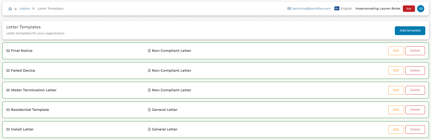 options for pre-made letter templates offered by BSI