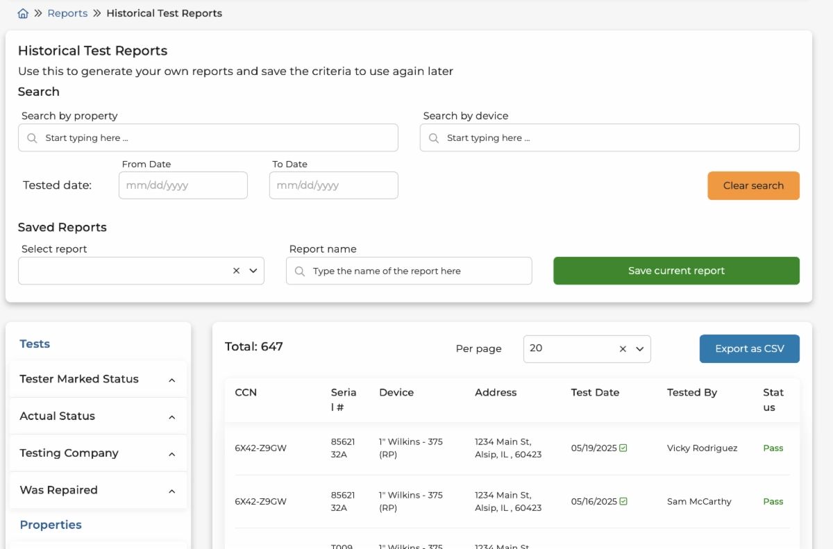 Historical Test Reports Dashboard